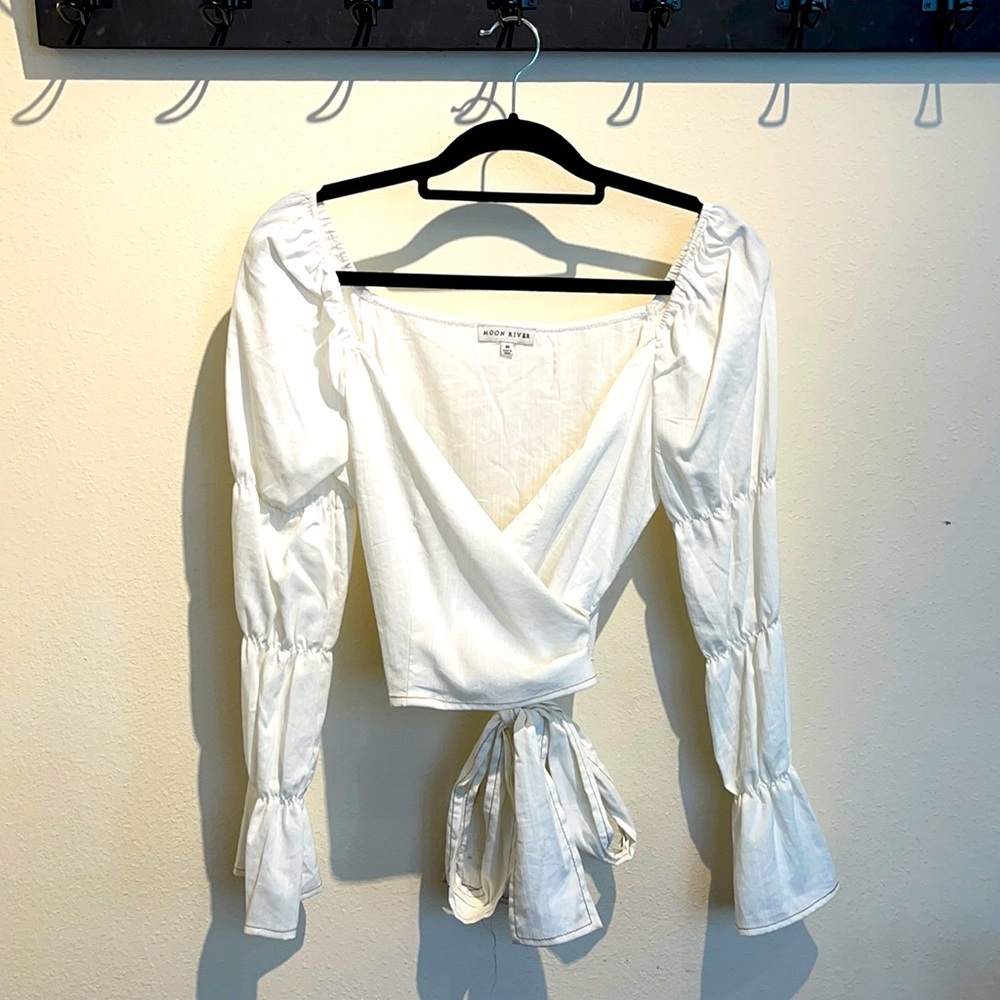 Ruched Sleeve V Neck Wrap Blouse